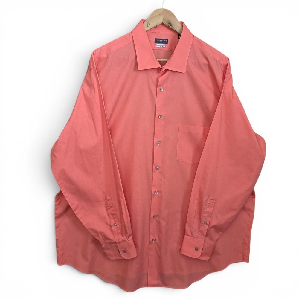Van Heusen Dress Shirt Mens 18.5 34/35 Pink Button‎ Flex Big Fit Wrinkle Free